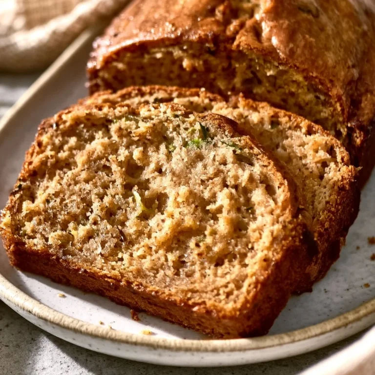 Slice of easy and moist zucchini bread on a wooden table