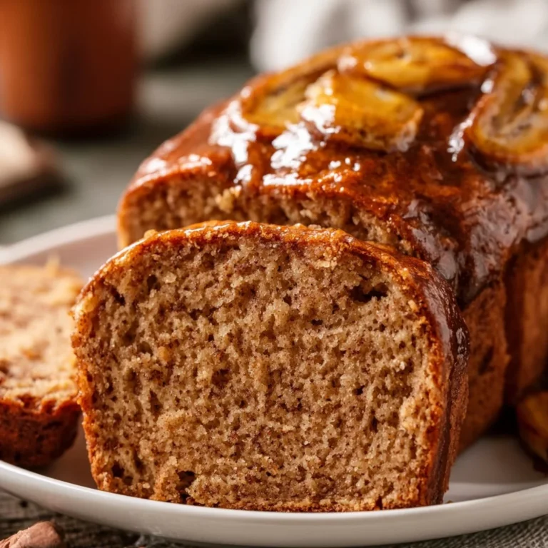 Loaf of maple cinnamon banana bread with slices on a wooden table