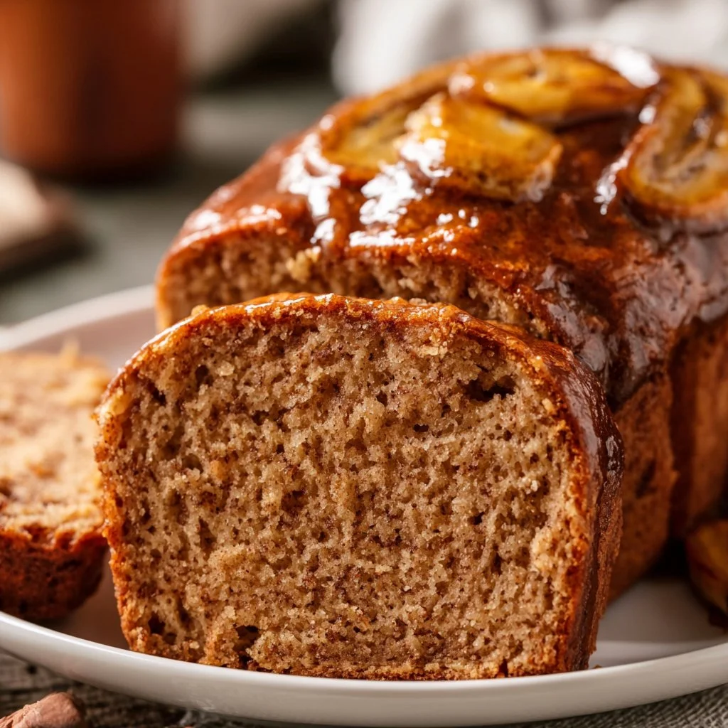Loaf of maple cinnamon banana bread with slices on a wooden table