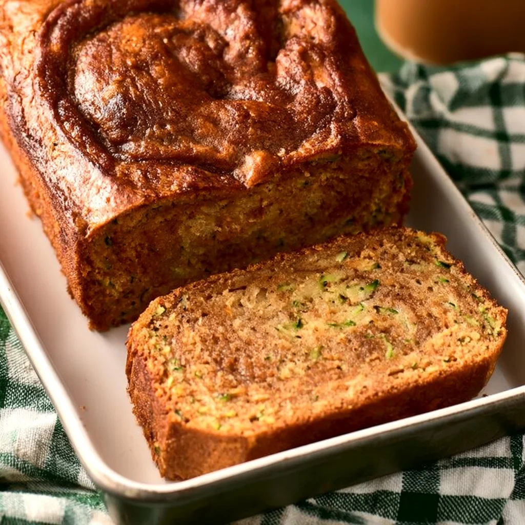 Loaf of moist cinnamon swirl zucchini bread with a swirl of cinnamon and sugar