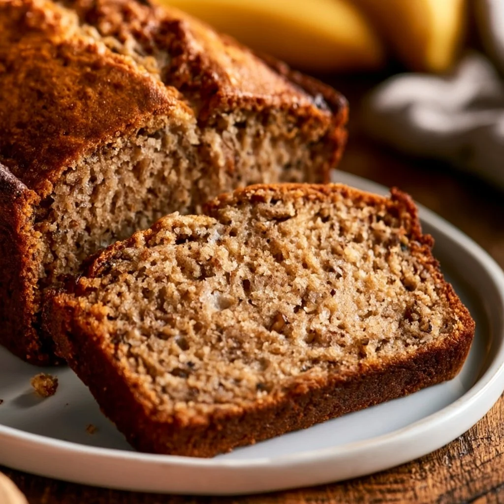 Slice of moist banana bread on a wooden table