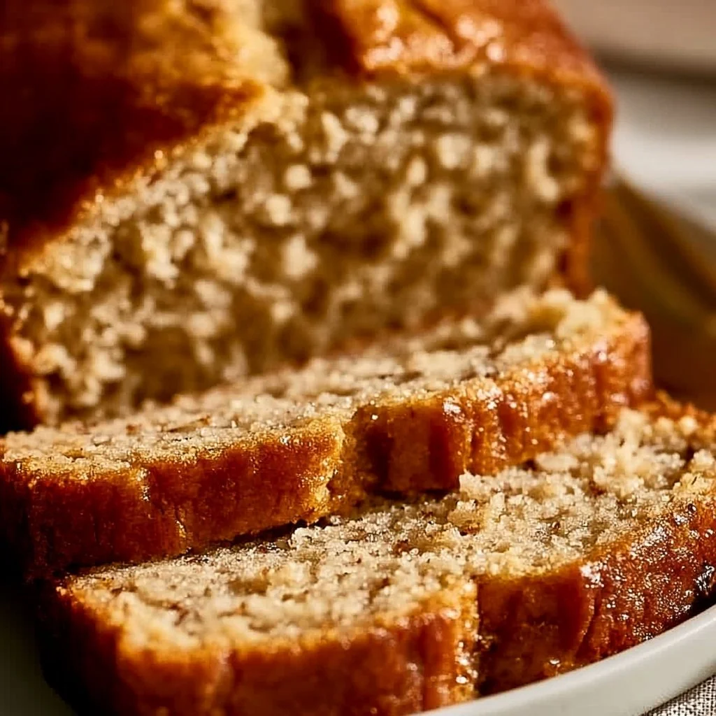 Slice of moist banana bread on a wooden cutting board