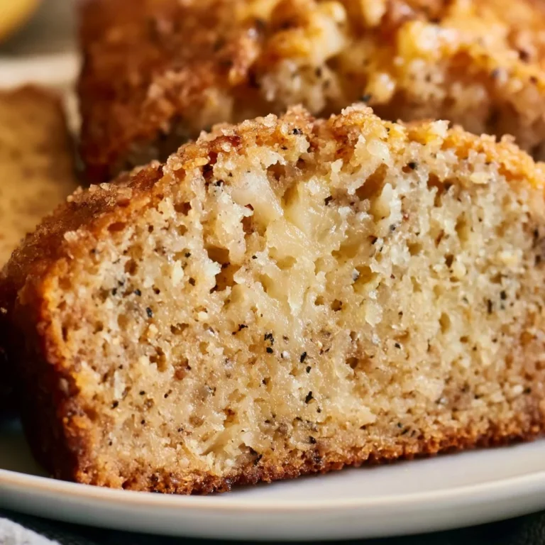 Sliced moist pineapple banana bread on a wooden board with fresh pineapples and bananas.