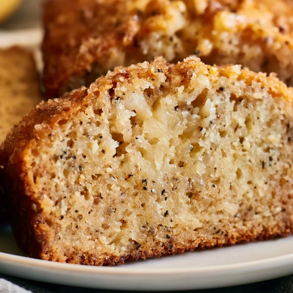 Sliced moist pineapple banana bread on a wooden board with fresh pineapples and bananas.