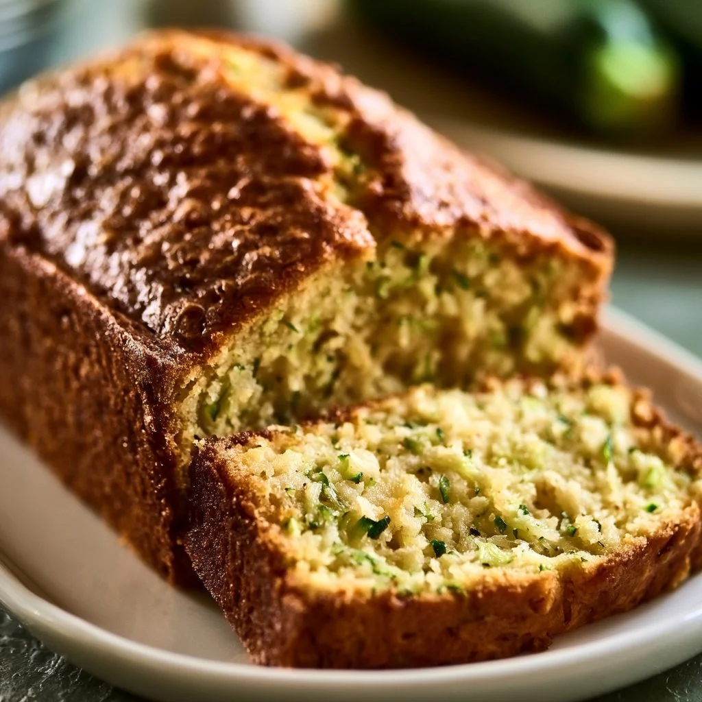 Moist and easy old fashioned zucchini bread slice on a wooden table