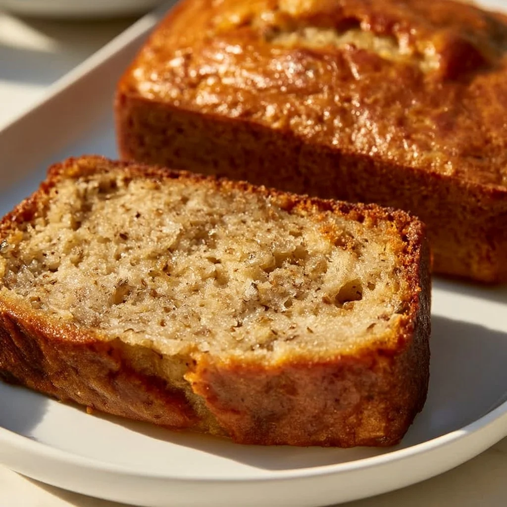 Slice of the best banana bread ever, showcasing its moist texture and golden crust.