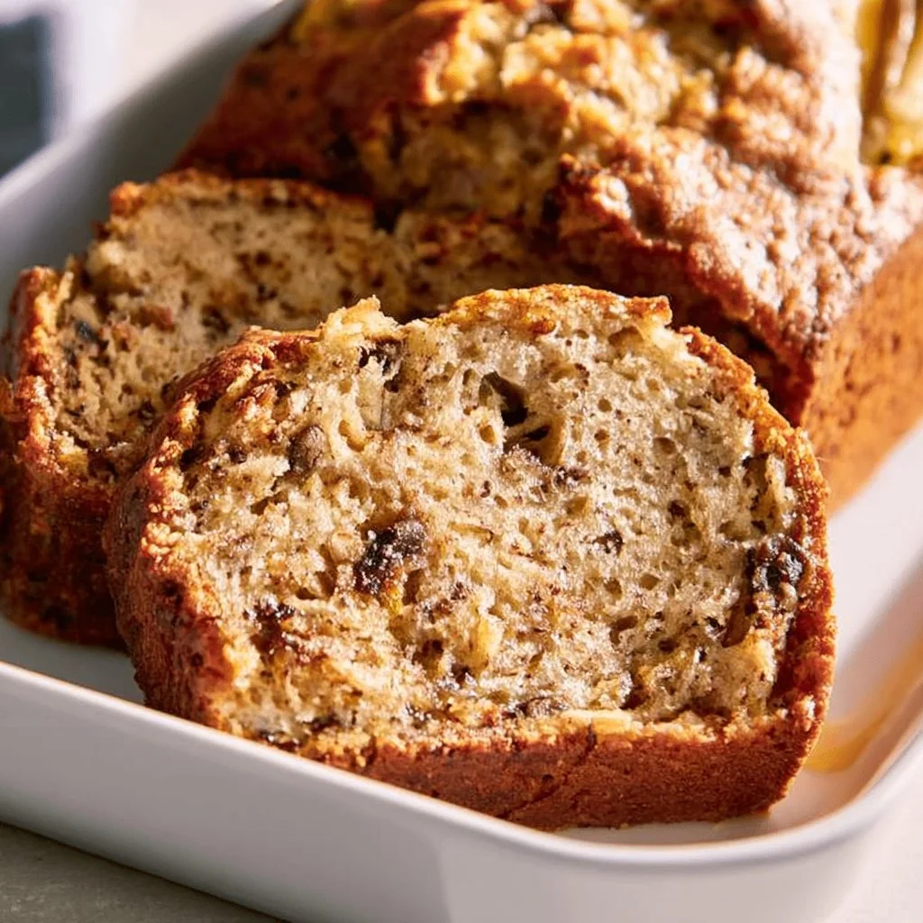 Loaf of ultimate banana bread with walnuts and banana slices on a wooden table