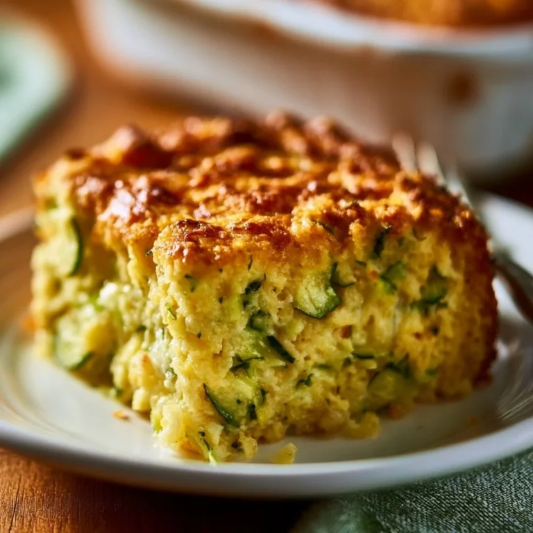 Delicious slice of zucchini cornbread casserole served on a plate