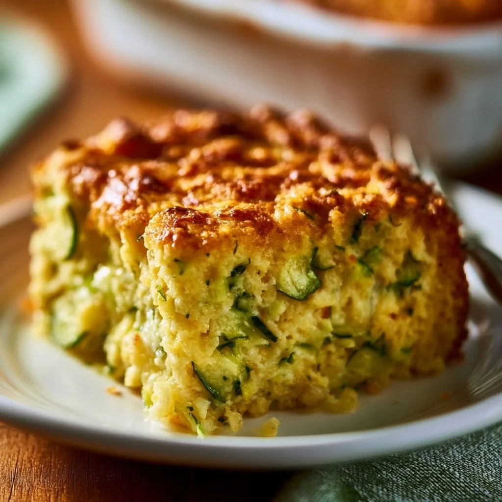 Delicious slice of zucchini cornbread casserole served on a plate